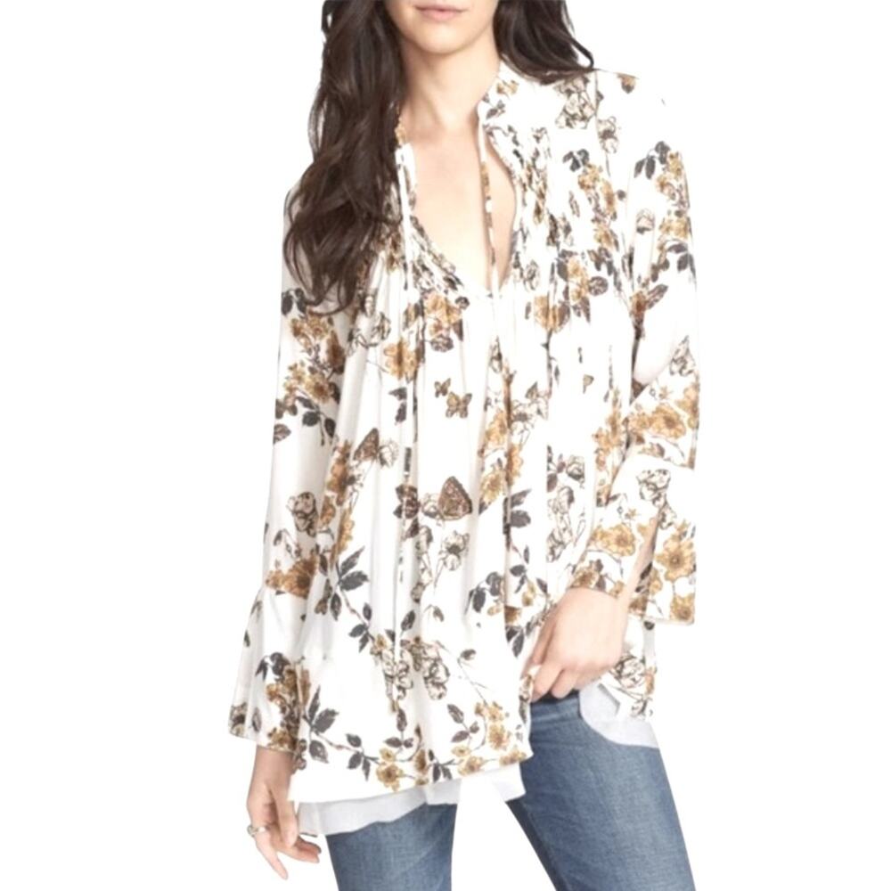 Free People Butterflies Floral Pebble Crepe So Fine Boho Tunic Top Dress, XS